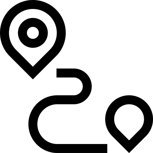 Black and white icon of a location pin connected by a route path, symbolising school transport and travel routes.  
