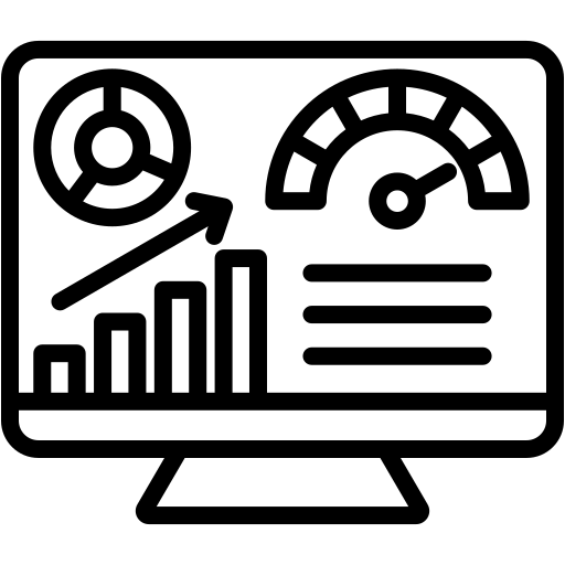 Black and white icon of a performance dashboard with a bar graph and speedometer, representing academic progress and results.