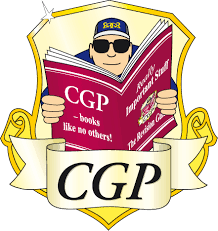 CGP logo featuring a cartoon character wearing sunglasses and a cap, holding a red book with "CGP" branding.  