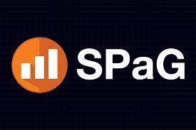 SPaG logo featuring white text on a dark background with an orange circular bar chart icon.  
